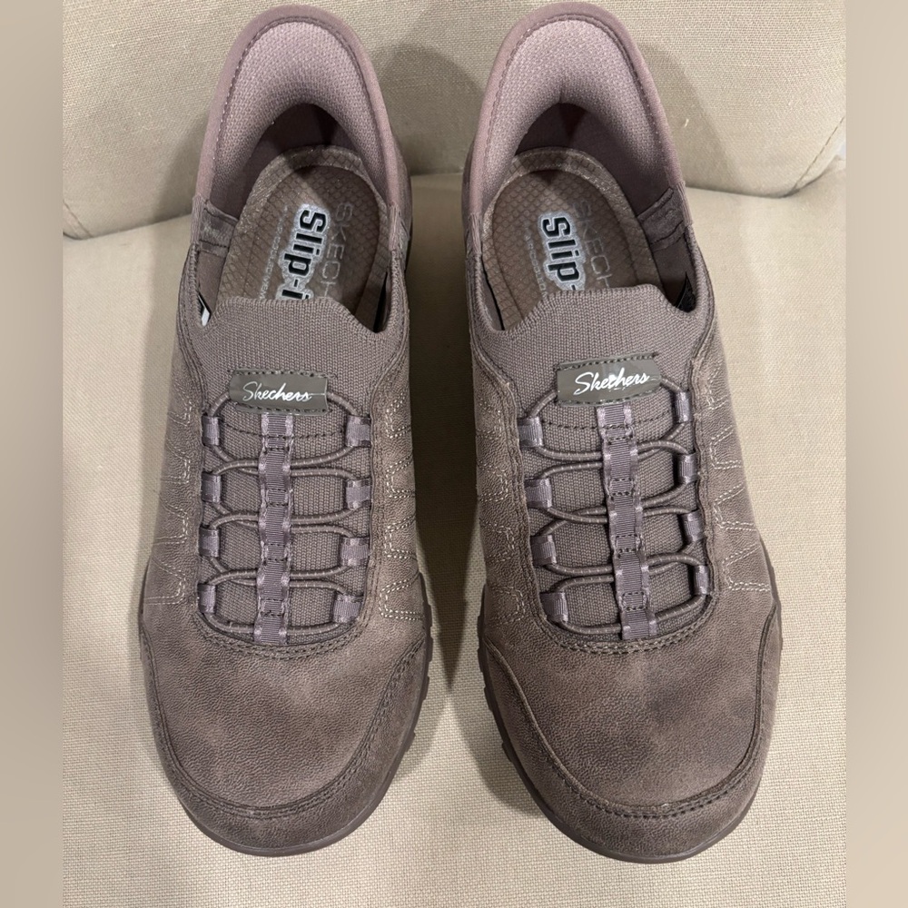 Skechers slip on sneakers, taupe, size 7.5